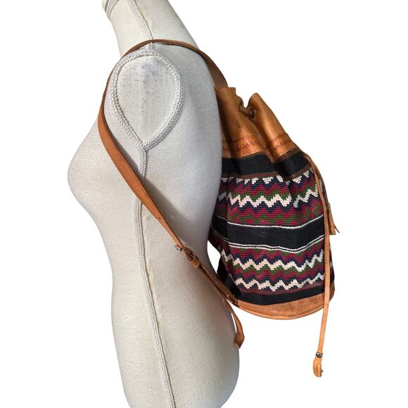 VINTAGE BACKPACK HAND WOVEN WOOL KILIM TOOLED LEATHER SLING PURSE TOTE BAG main image 7